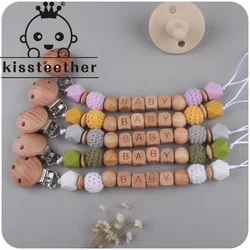 Kissteether New Personalized Baby Name Handmade Silicone Teething Beech Wood Chew Beads Holder Dummy Chain Holder Pacifier Clips