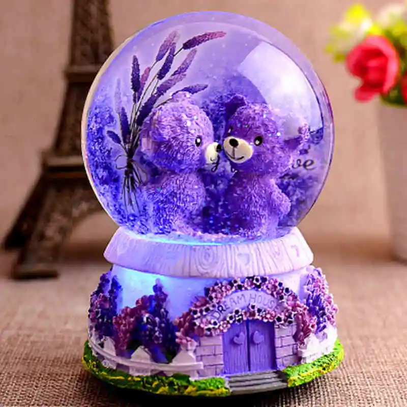 LORONZ Lavender Purple Bear Lover Music Boxes Crystal Snow Globe Music Box With Light Christmas Valentine's Day Girlfriend Gifts - Цвет: B