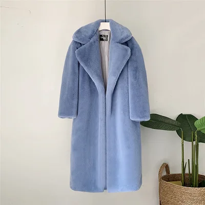 blue Новинка, Женское зимнее корейское толстое свободное теплое длинное Норковое меховое пальто трапециевидной формы, шуба для женщин, FF157 - Цвет: blue