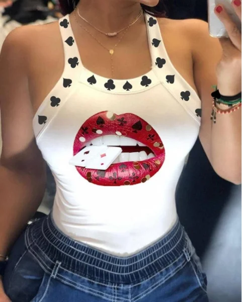 Summer Ladies Harajuku Shirts Slim Fit Polyester Sleeveless Top Tshirts Tank Tops Women U Neck Letter Print Lips Vest D6H284BS