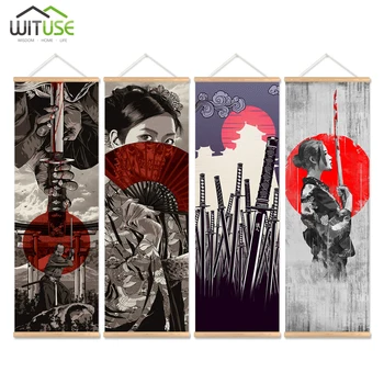

4PCS Creative Japan Ukiyoe Canvas Poster Wall Picture Scroll Hanging Painting With Wood Hanger Home Decor Living Room Wall Art