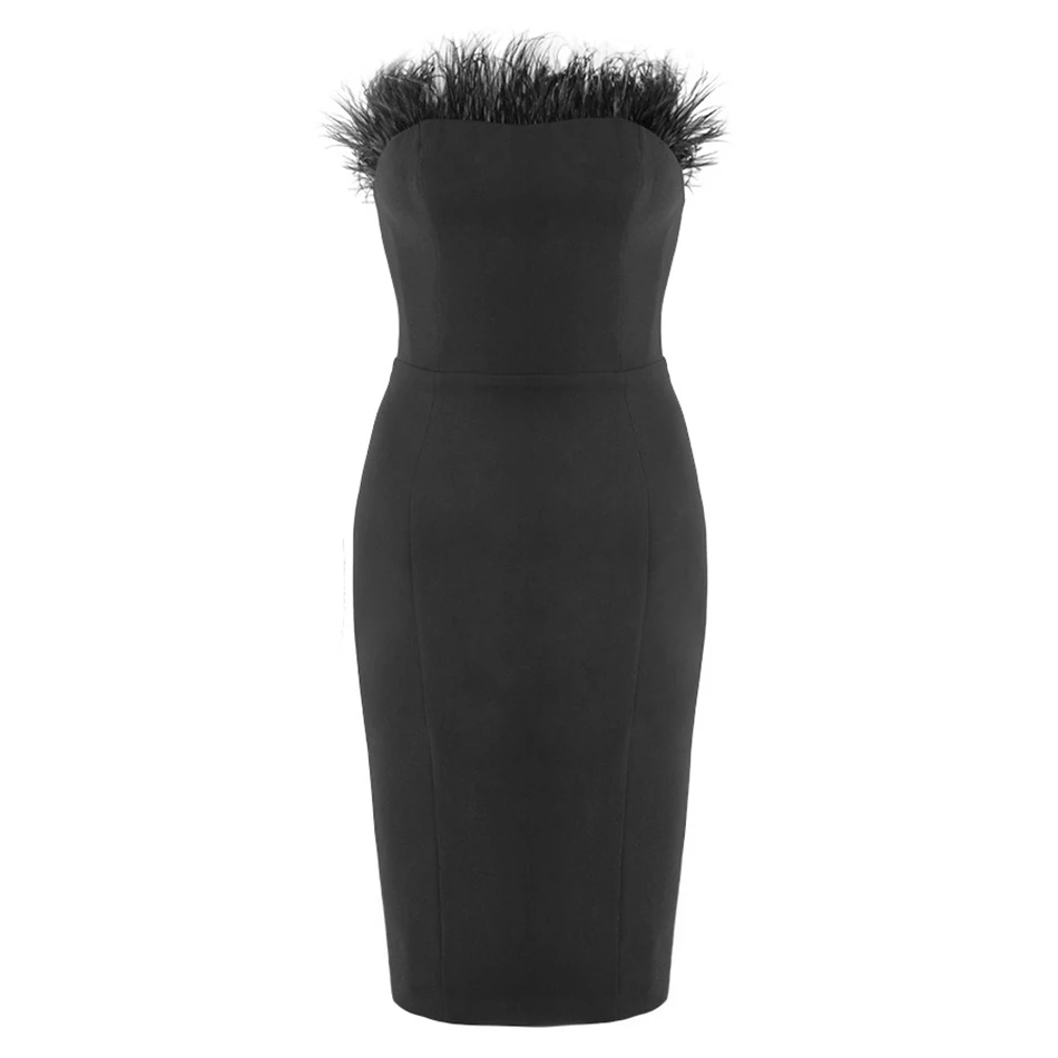 Vestidos Бандажное роскошное черное Бандажное платье Вечерние Бандажное платье без бретелек облегающее женское Клубное платье с перьями