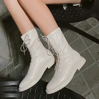 

Flat Round Toe Martin Boots Women Luxury Genuine Leather White Ankle Boots Comfort Tight Short Boots Female Fall New Shoes Woman