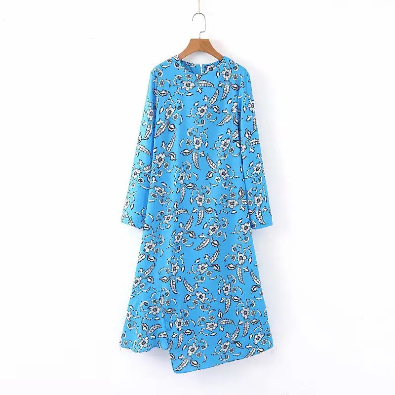 

Europe And America 2019 Autumn WOMEN'S Dress New Style Printed Long Sleeve Non-symmetrical Dress Loose-Fit Crew Neck Long Skirts