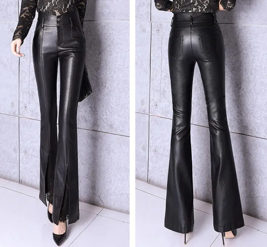

Early spring new eye-catching solid color pu leather flare pants female longer hollow cut lace stitching leather pants F15