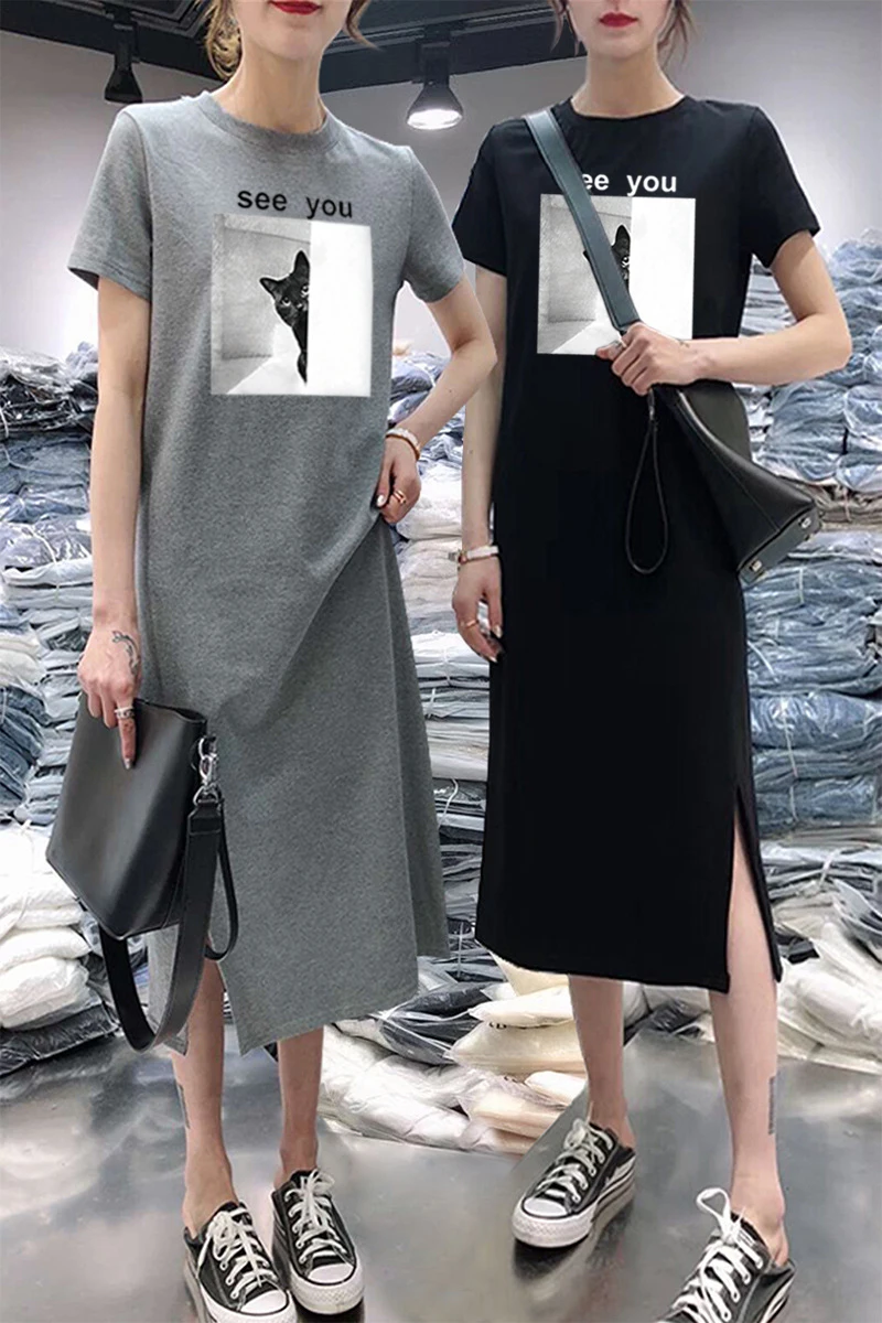 

Milinsus Summer Cartoon Women Short sleeve Dress casual Plus Size Loose Tshirtdress Solid Simple Black Dress Female clothes 2019