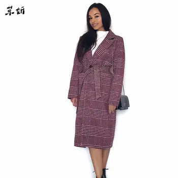 

Winter Women's New Wool Plaid Long Woolen Coat Flap Pocket Rear Slit Lining Design