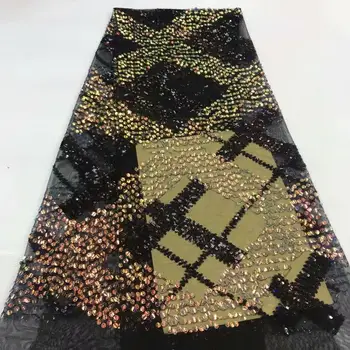 

2020 Gold line african sequins tulle lace brocade jacquard fabric African embroidery corala french sequins laces fabric dress