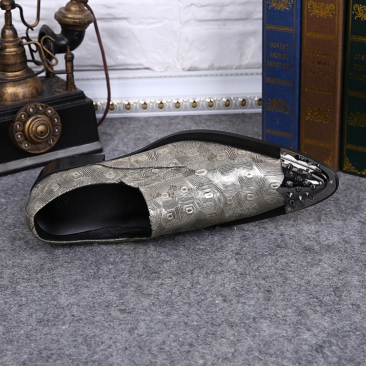 Christia Bella Silver Oxfords Derby Men Real Leather Shoes Iron Pointed Top Rivet Shoes Slip on Dress Formal Handmade Shoes