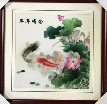 

Handmade 100% Mulberry Silk Thread Finished Suzhou Embroidery not include frame ,Porch decorative painting Lotus fishes 35*35cm