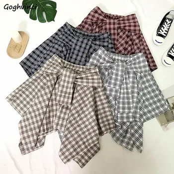 

Skirts Women Summer Plaid High-waist Preppy-style Students Irregular Bow A-line Loose All-match Chic Korean-style Teens Simple