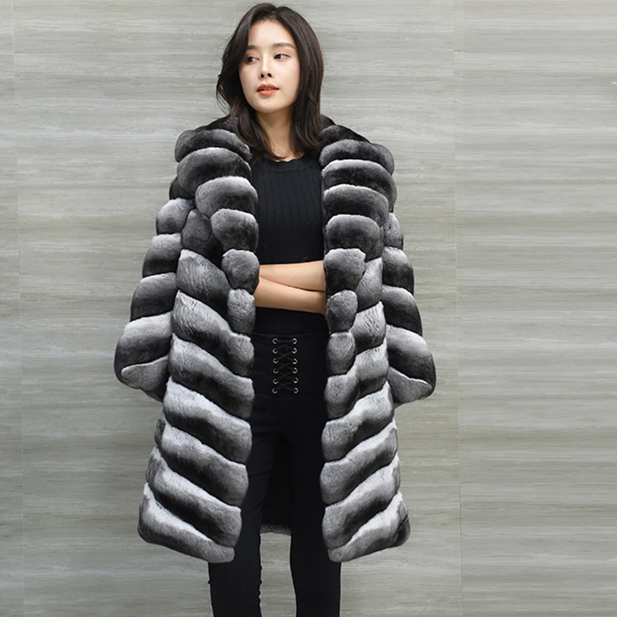 

Ladies Classic Suit Collar Fur Coat Jacket Winter Fashion High Quality Rex Rabbit Fur Outwear X-long Chinchilla Color