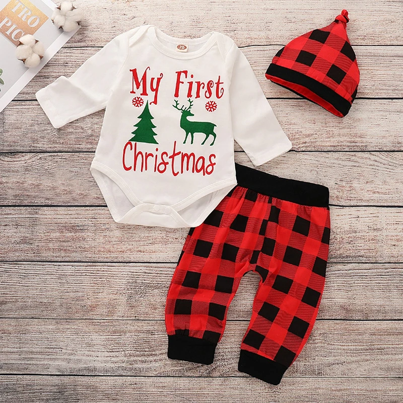 Одежда для новорожденных с надписью «My First christmas»; Детские боди+ шапочка+ штаны; хлопковое нижнее белье с длинными рукавами; комбинезон; комплект одежды для младенцев