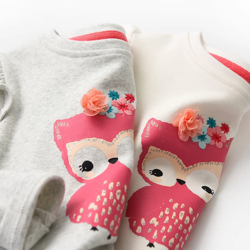 New Autumn Baby Girls Long-sleeved O-necked Flower Owl T-shirt Ruffles Shirt Cotton Children's Fly Long-sleeved T-shirt