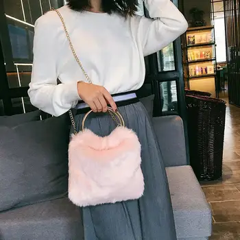

Fashion Solid Color Plush Metal Ring Shoulder Strap Party Handbag Bucket Bag