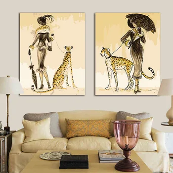 

DIY oil Painting pictures By Numbers 2 Panels leopard Elegant and Lady with kits on canvas Coloring paints By Numbers framed