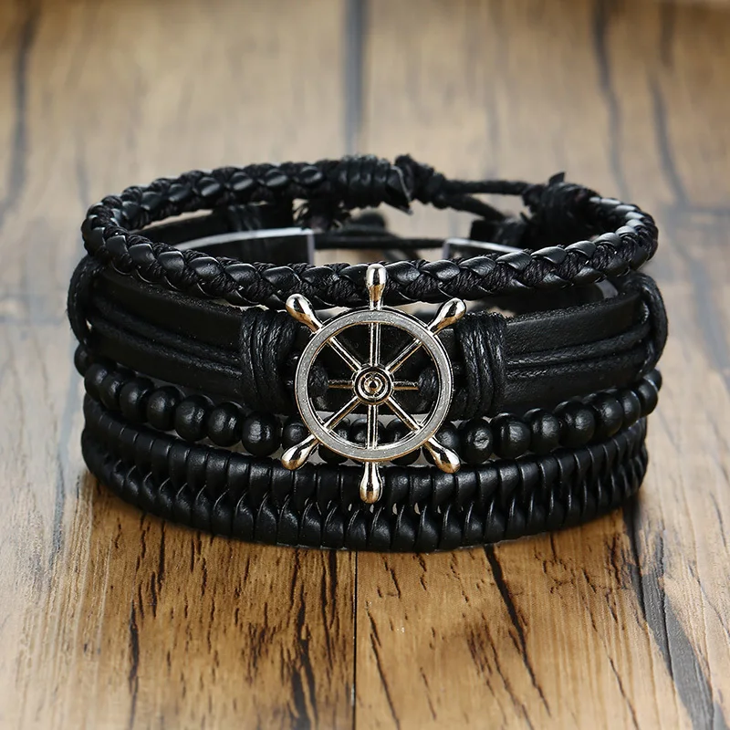 Vnox 4Pcs/ Set Braided Wrap Leather Bracelets for Men Vintage Life Tree Rudder Charm Wood Beads Ethnic Tribal Wristbands 25