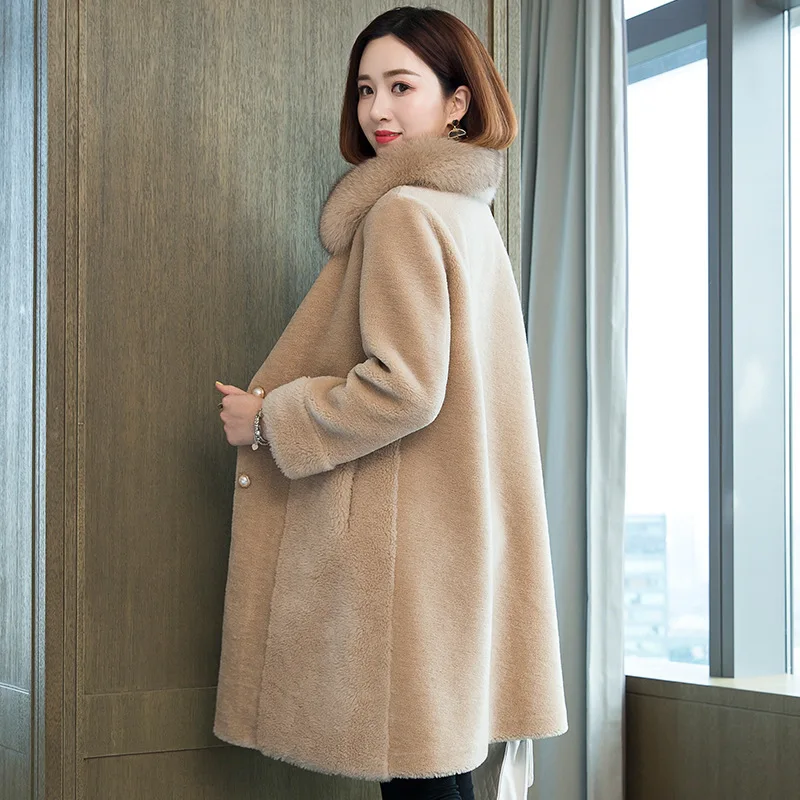

2020 Winter Real Fur Coat Women Long 100% Wool Jacket Fox Fur Collar Korean Clothes Fur Coats Manteau Femme 19527 KJ3707