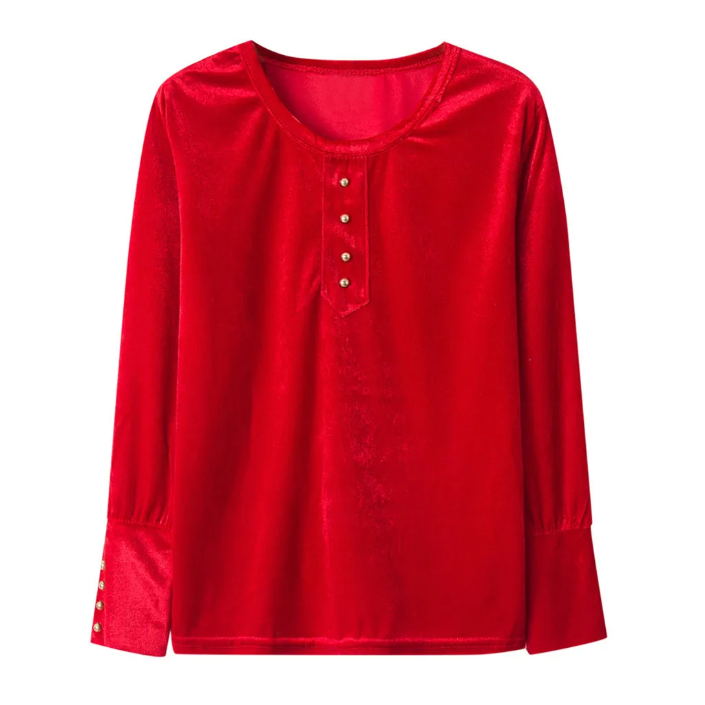 Женская футболка с круглым вырезом и пуговицами, облегающий Топ с длинным рукавом, женская одежда, женские рубашки, футболки, женские топы, camiseta mujer ropa mujer - Цвет: Красный