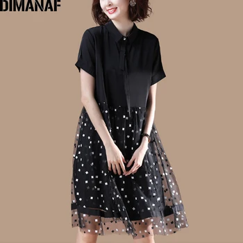 

DIMANAF Plus Size Dress Women Clothing Summer Mesh Plaid Spliced Loose Female Office Lady Sundress Vestidos Black Shirt Dress