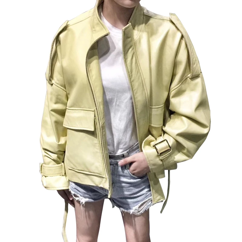 

New Autumn Women Real Leather Jacket Zipper Short Coat Bright Color Spring Female Bomber Genuine Leather Jacket
