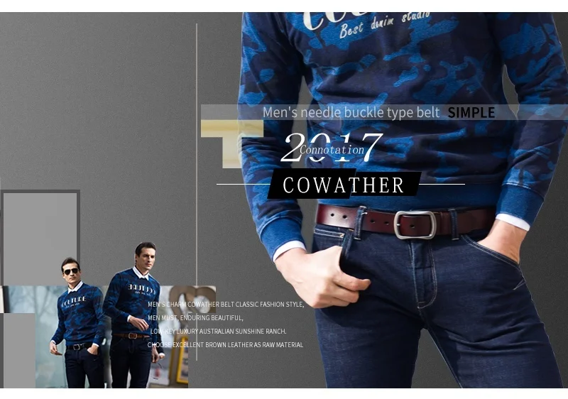 COWATHER cowhide genuine leather belts for men brand Strap male pin buckle vintage jeans belt 100-150 cm long waist 30-52 XF001 leather belt