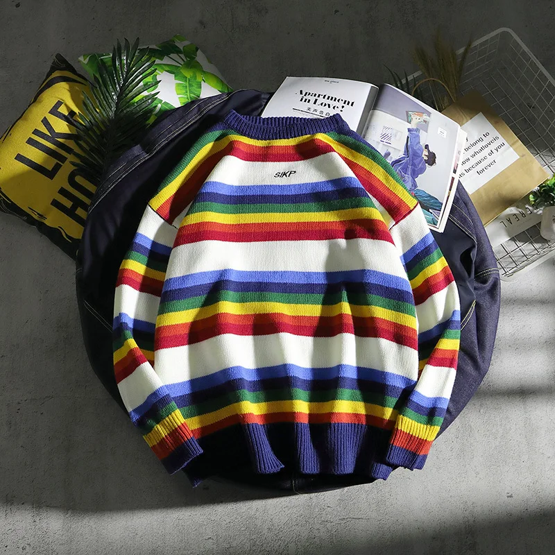 Autumn New Color Striped Sweater Men Warm Fashion Sweter Clothes Casual Knit Sweaters Man Loose Long-sleeved Pullover Men M-2XL