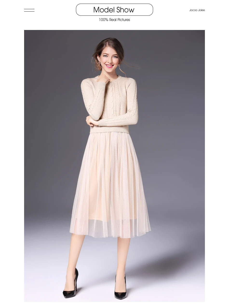 Jocoo Jolee, осенне-зимнее платье, элегантное женское платье с круглым вырезом, свитер с длинным рукавом, трикотажное платье миди с высокой талией, Сетчатое теплое женское платье