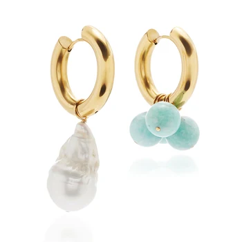 

Fashion High Quality Baroque Pearl Earrings Asymmetric Design Delicate Women Dangle Accessories Blue Stone Pendant Earring