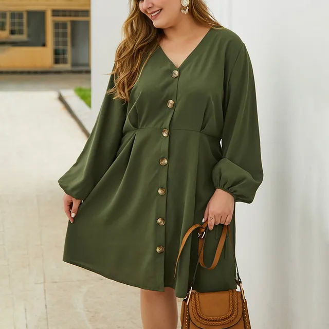 $US $12.03  Plus Size Dress Women 4xl Casual V-Neck Spring Autumn Mini Dress Solid Single Breasted Female Army 