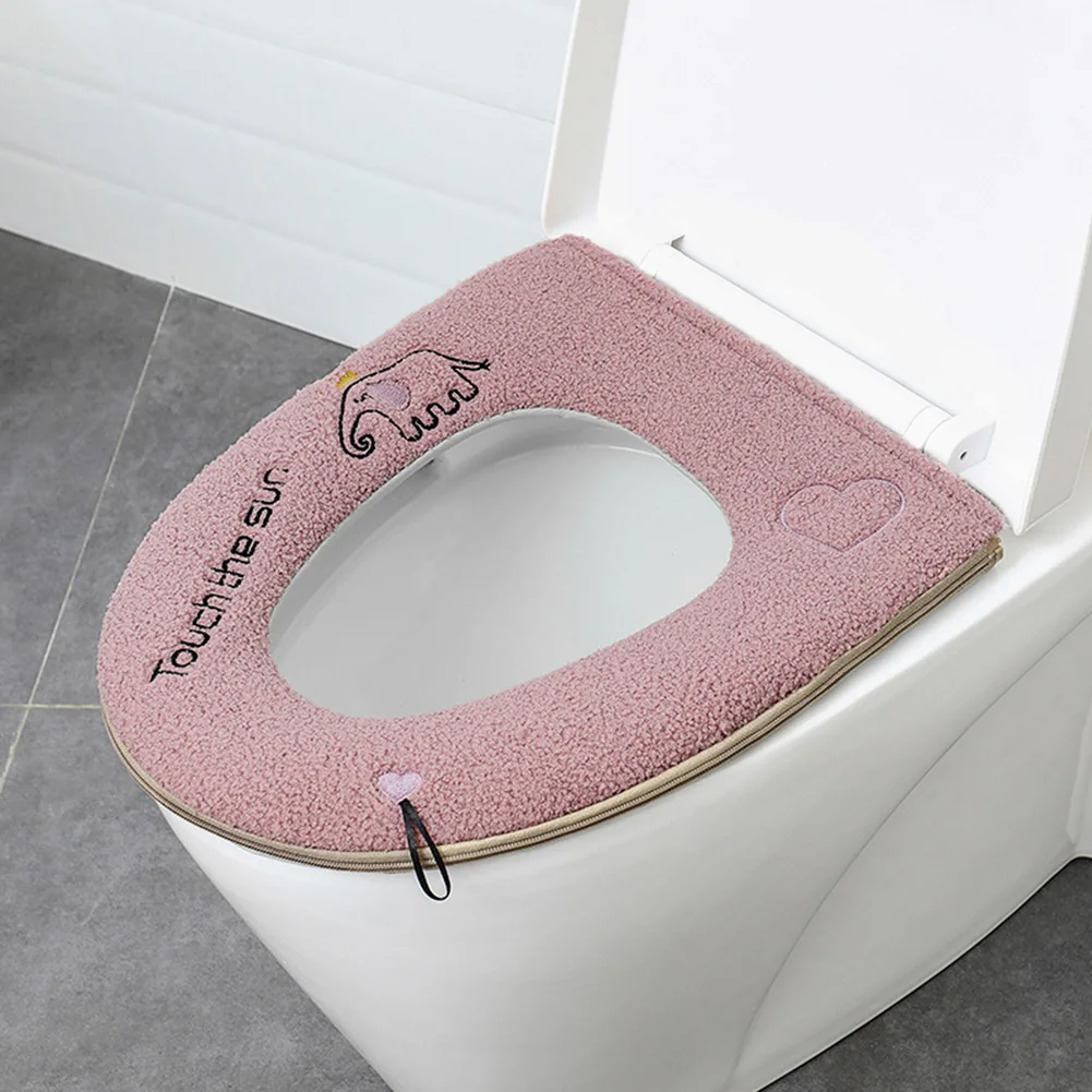 Light Red Side Zipper Winter Reusable Toilet Seat With Handle Warm Practical Closestool Cover Easy Apply Skin-friendly Exquisite Bathroom - Цвет: Light Red