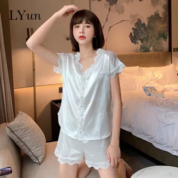 

LYun Ice silk pajamas women summer short-sleeved shorts silk two-piece net red sexy lace princess style cardigan home service