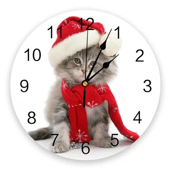 

Circular Wall Clock Kitten Christmas Red Christmas Hat Wall Clock Home Decor Bedroom Silent Oclock Watch Wall for Living Room