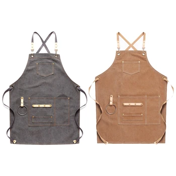 

2 Pcs Canvas Apron Bib Leather Chef Kitchen Apron for Women Men Barista Bartender Pockets Home, Dark Gray & Khaki
