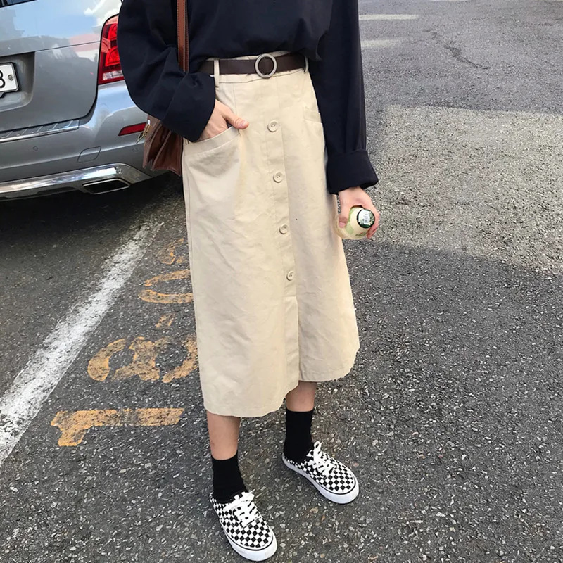 

2019 Spring New Style Korean-style Loose-Fit Versatile Slit-Front High-waisted Slimming Mid-length A- line Half-length Skirt WOM