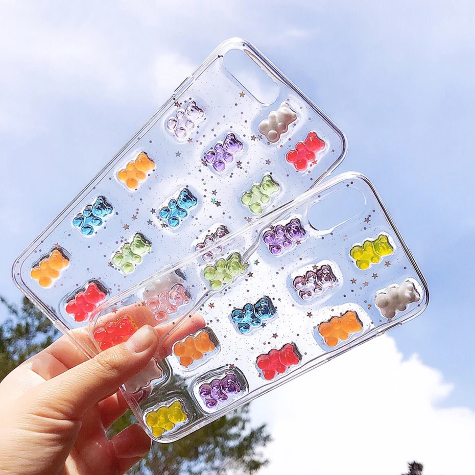 3D Cute Candy Colors Bear Phone Case for iphone X XS Max XR 8 8plus 7 7Plus 6 6S plus 11 Pro SE 2020 2 Glitter Soft Cover | Мобильные