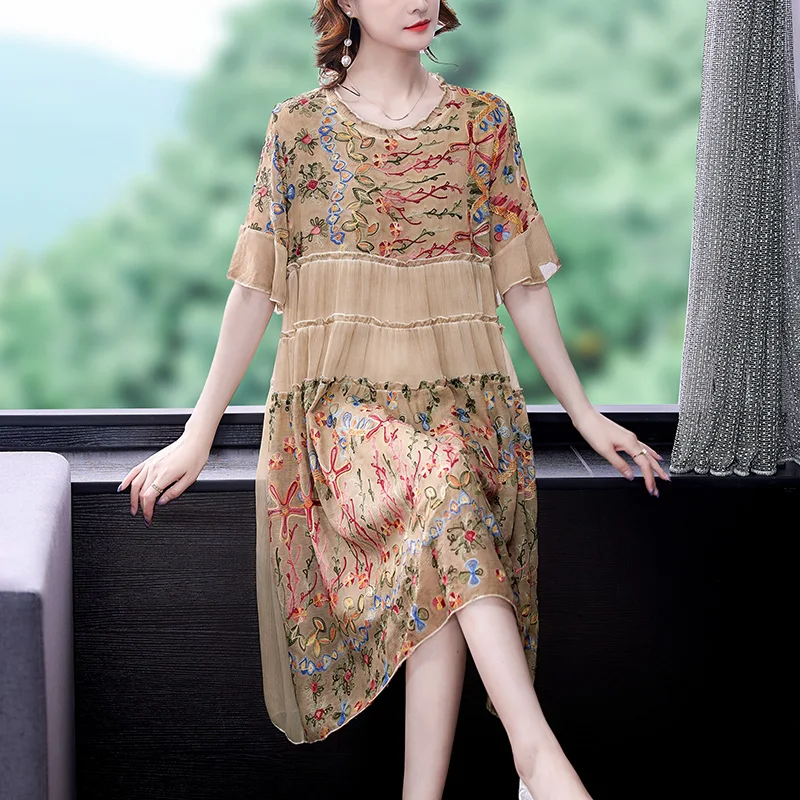 Summer Elegant Floral Embroidery Loose Midi Dresses 2021 Vintage 4XL Plus Size...