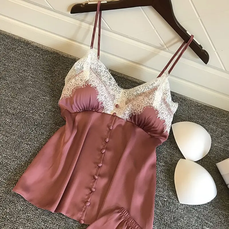 Womens Imitation Silk Sexy Lingerie Set Push Up Padded Button Down Camisole Wide Leg Eyelash Lace Shorts Solid Color Nightwear