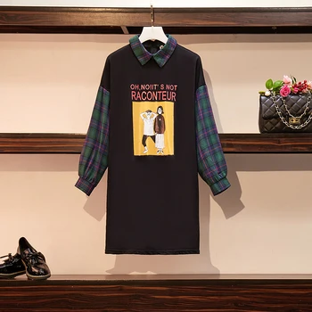 

plus size women Sweatshirts dress autumn winter 2020 loose casual plaid patchwork Cartoons print Straight mini dresses vestido