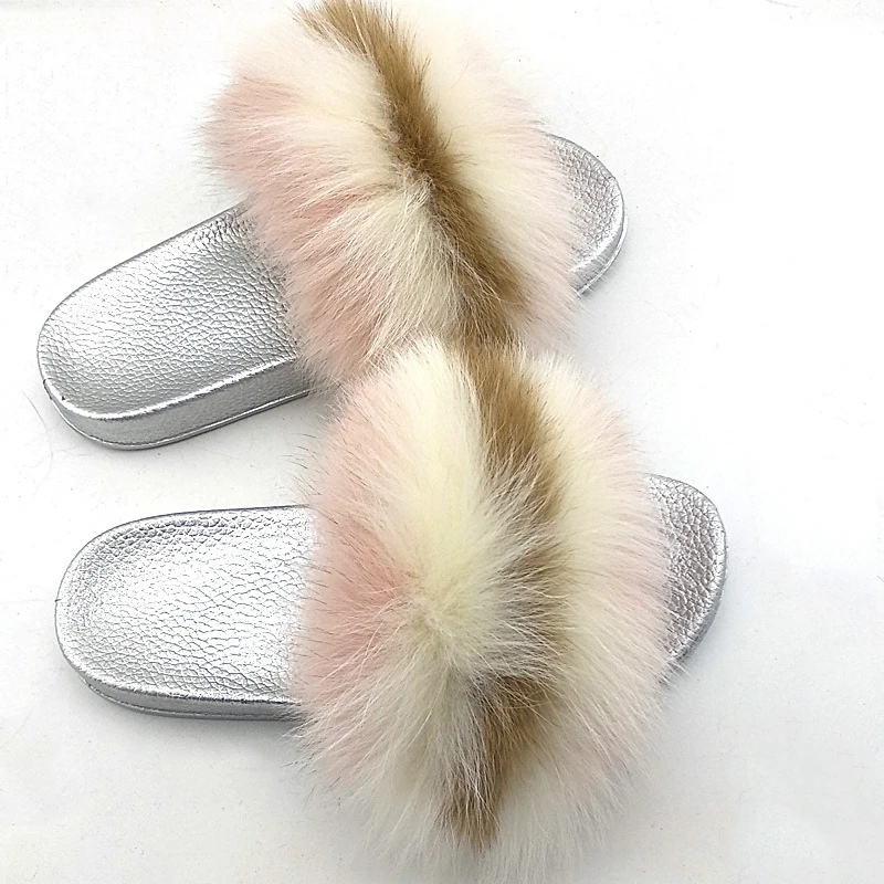 Summer Women's Real Furry Fox Fur Slippers Fashion Simple And Elegant Cute Silver Home Interior Protective Fur Slippers