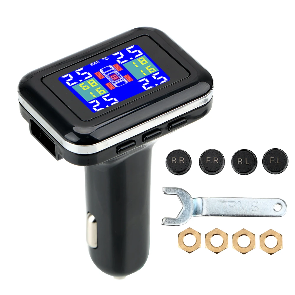LEEPEE 4 External Sensors TPMS Car Tire Pressure Alarm Monitor System Cigarette Lighter Plug LCD Screen Display