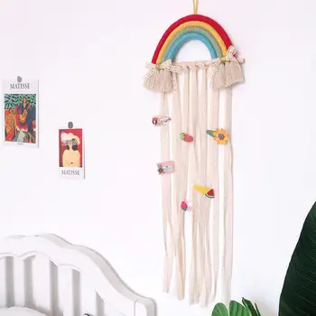 

1Pc Nordic Hand Woven Rainbow Tassel Kids Hairpin Hair Clip Holder Storage Belt Organizer Girl Room Wall Hanging Ornament