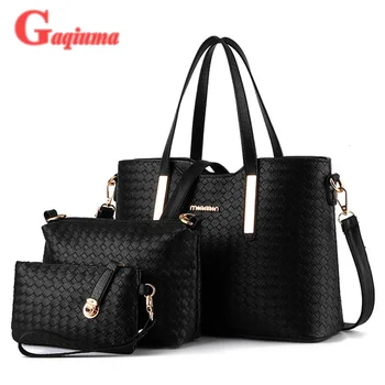 

women bag 3 pcs set fashion tote handbag shoulder bag wallet ladies knitting solid PU leather woemn's handbags