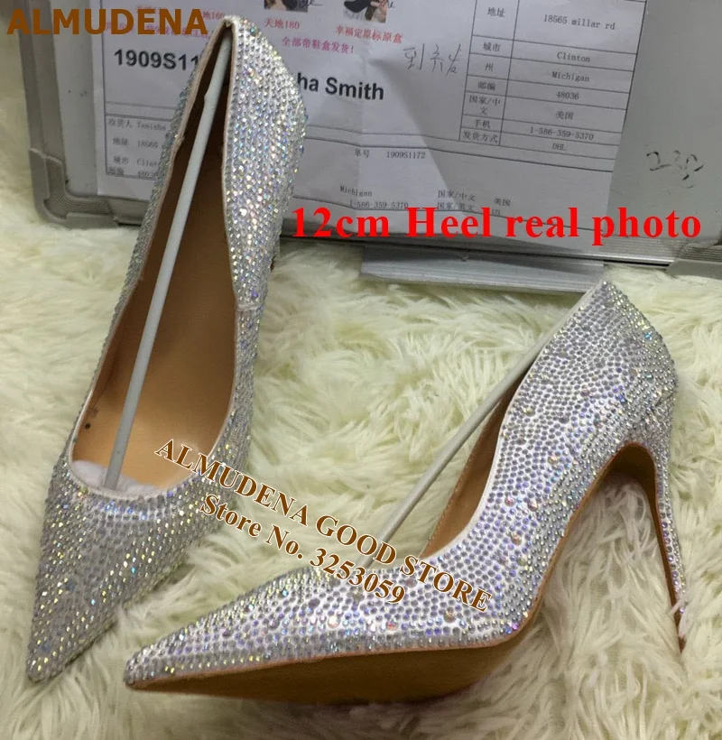 silver 12cm heel ALMUDENA блестящие туфли-лодочки на высоком каблуке; серебристые, красные сверкающие свадебные туфли с острым носком; вечерние туфли со стразами - Цвет: silver 12cm heel