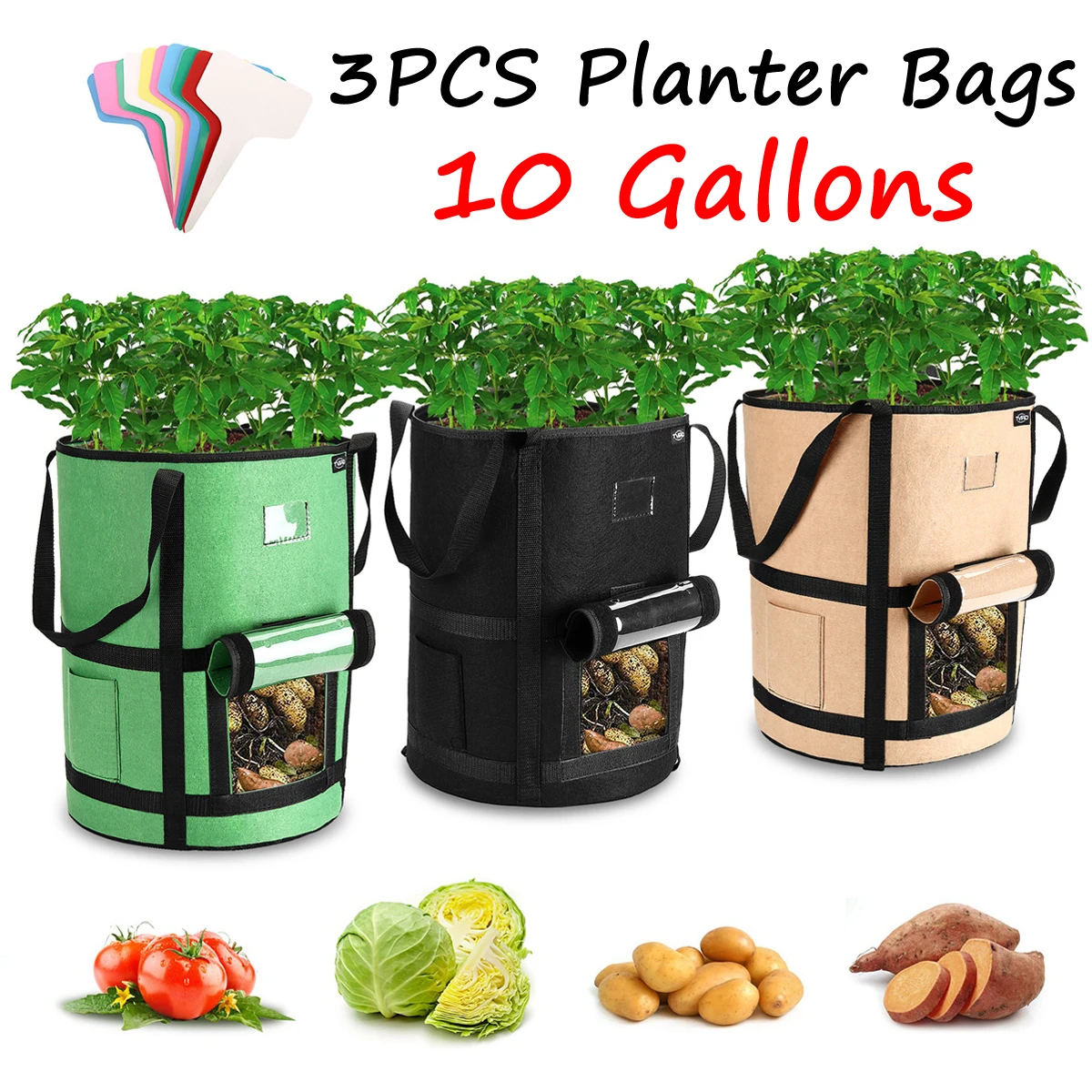 3 bolsas de cultivo de plantas de 10 galones, macetas de cultivo de  hortalizas, macetas de