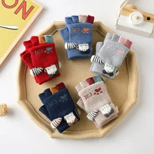New Autumn Winter Student Gloves Cute Cartoon Children Knitted Warm Flip Fingerless Write Outdoor Sports Mittens Girls Boys Gift
