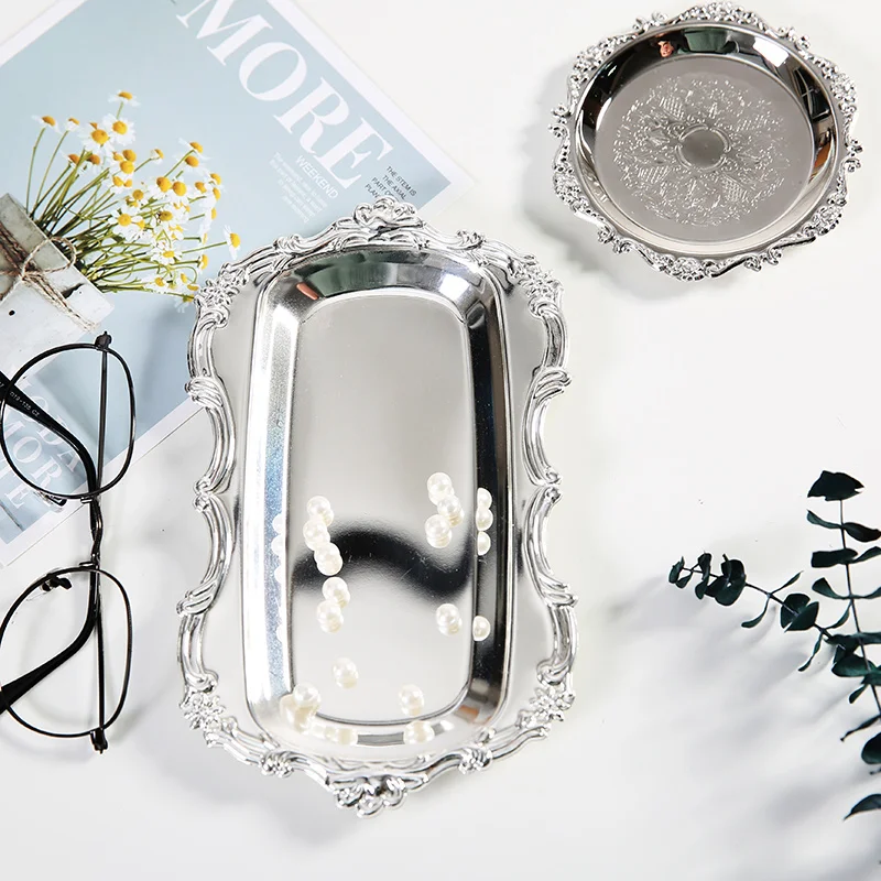 Gold Storage Tea Tray Set Stainless Steel Silver Cake Fruit Plate Jewelry Display Tray Wedding Dessert Plate Home Decor 1pc