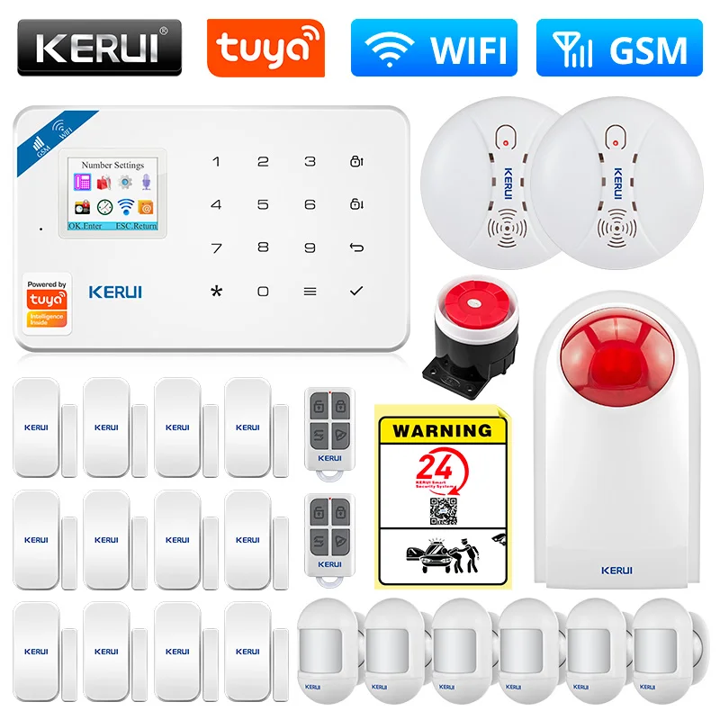 auto burglar alarm KERUI Tuya Smart WIFI GSM Security Alarm System Works With Alexa Home Burglar Motion Detector Smoke Door Window Sensor IP Camera car alarms for sale Alarm Systems & Security