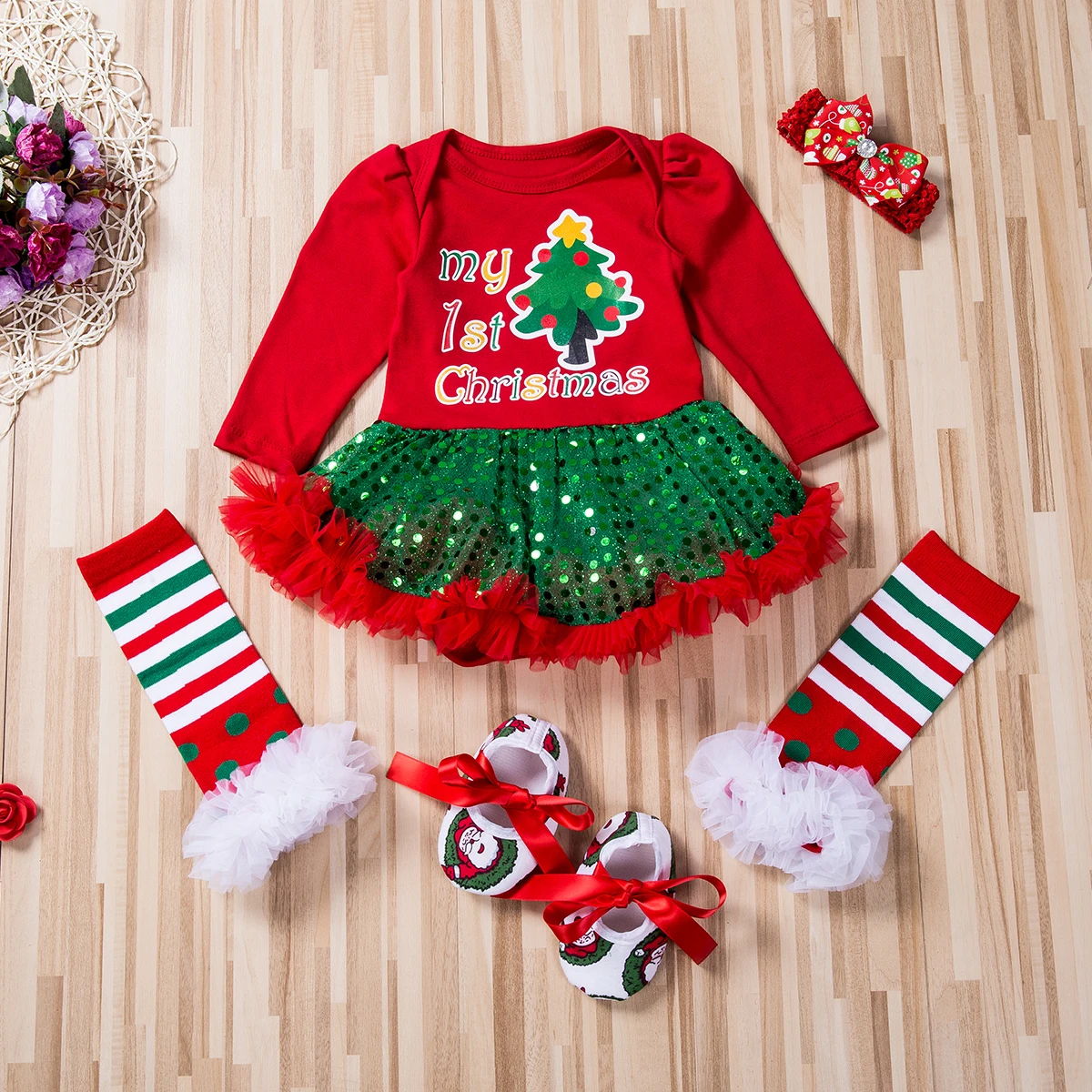 My 1st Christmas/платье Санты для новорожденных девочек утепленные гетры осенний теплый комплект из 4 предметов с длинными рукавами