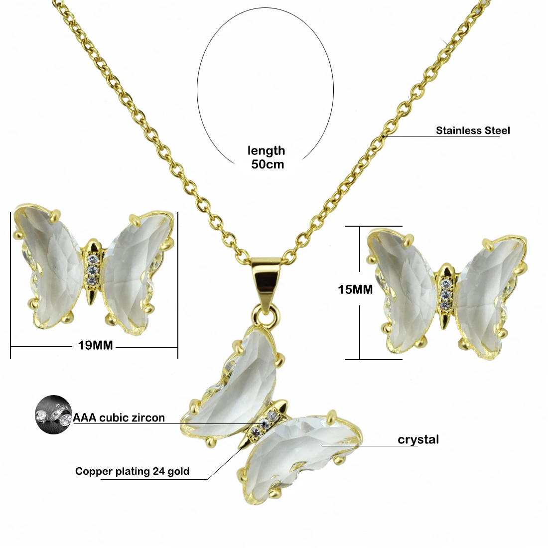 2021 New Fashion Hot-selling Butterfly Crystal Necklace AAA Micro-set Zircon Stud Earrings Jewelry Gift Wholesale Direct Mail